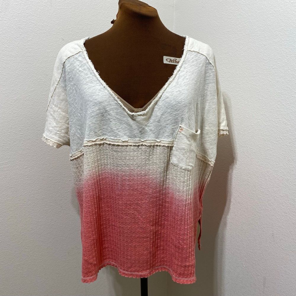 Free People We The Free Sundial Tee Beige And Orange Dip Dye Oversized Top Sz Sm
